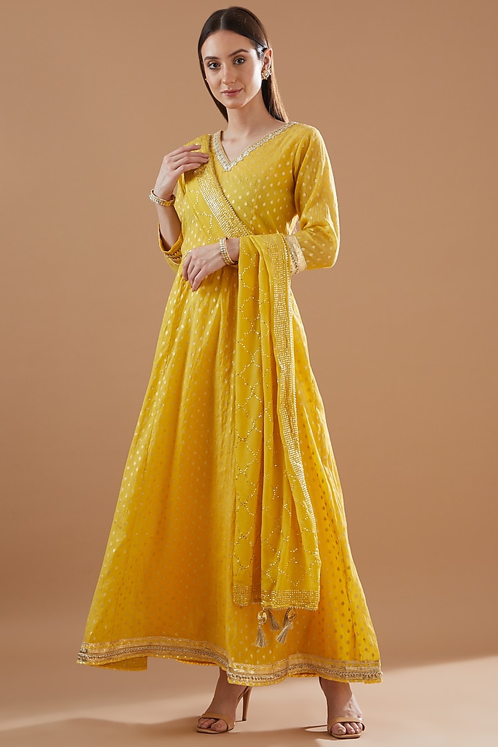 Golden Yellow Chanderi Embroidered Anarkali Set by Aarnya by Richa