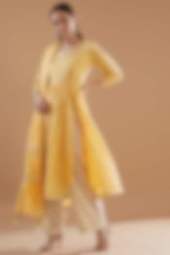 Yellow Cotton Lurex Embroidered Anarkali Set by Aarnya by Richa