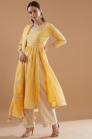 Yellow Cotton Lurex Embroidered Anarkali Set by Aarnya by Richa