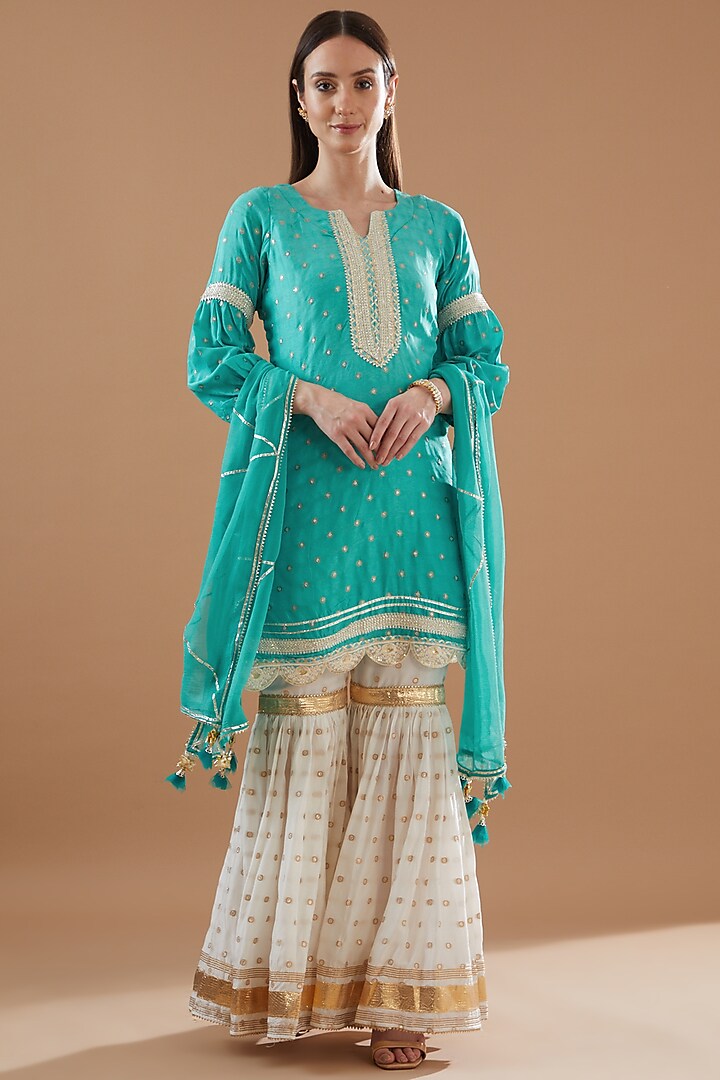 White Chanderi Embroidered Sharara Set by Aarnya by Richa