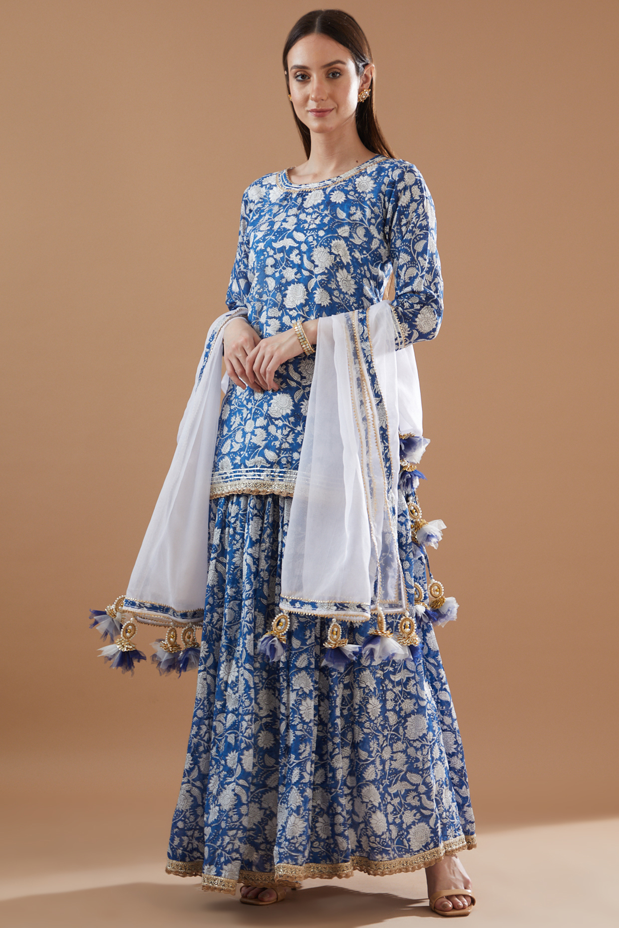 Indigo Blue Muslin Hand Block Printed Kurta Set by Aarnya by Richa at Pernia's Pop Up Shop