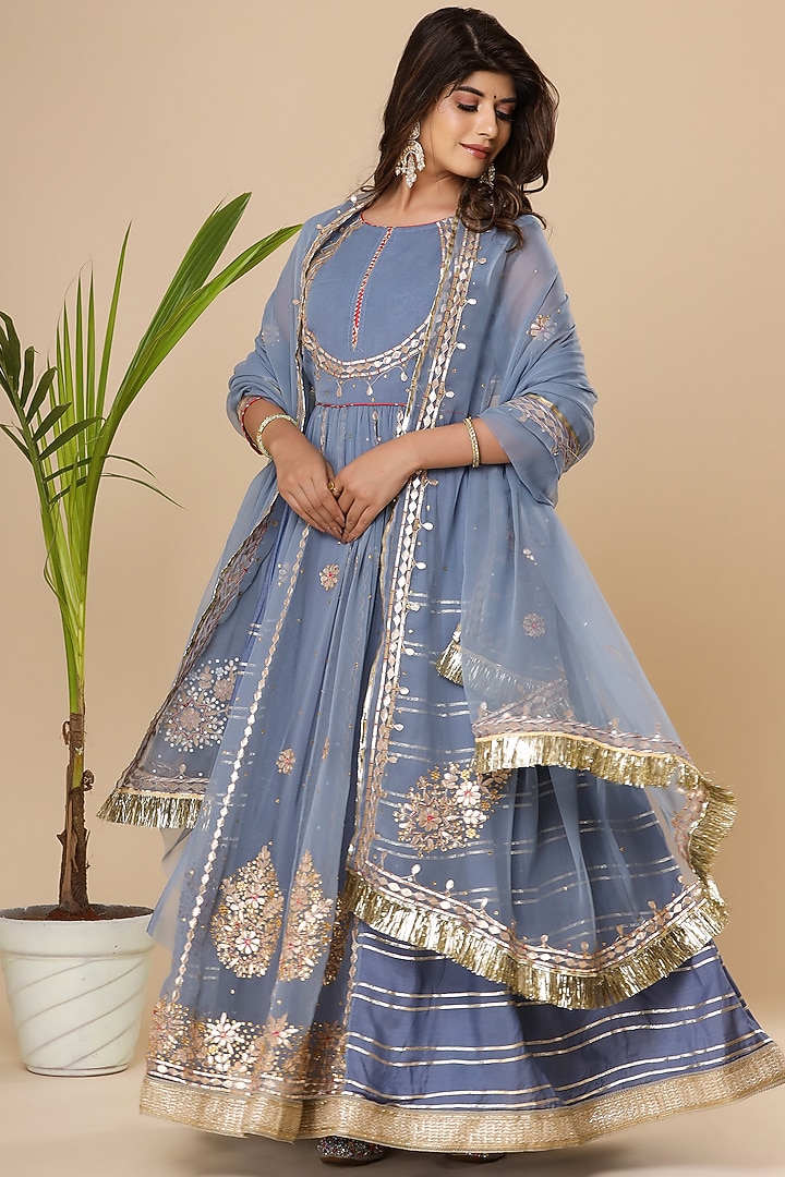 Ishin Women's Grey Cotton Embroidered Anarkali Kurta & Sharara Set – Ready To Wear Ethnic Outfit