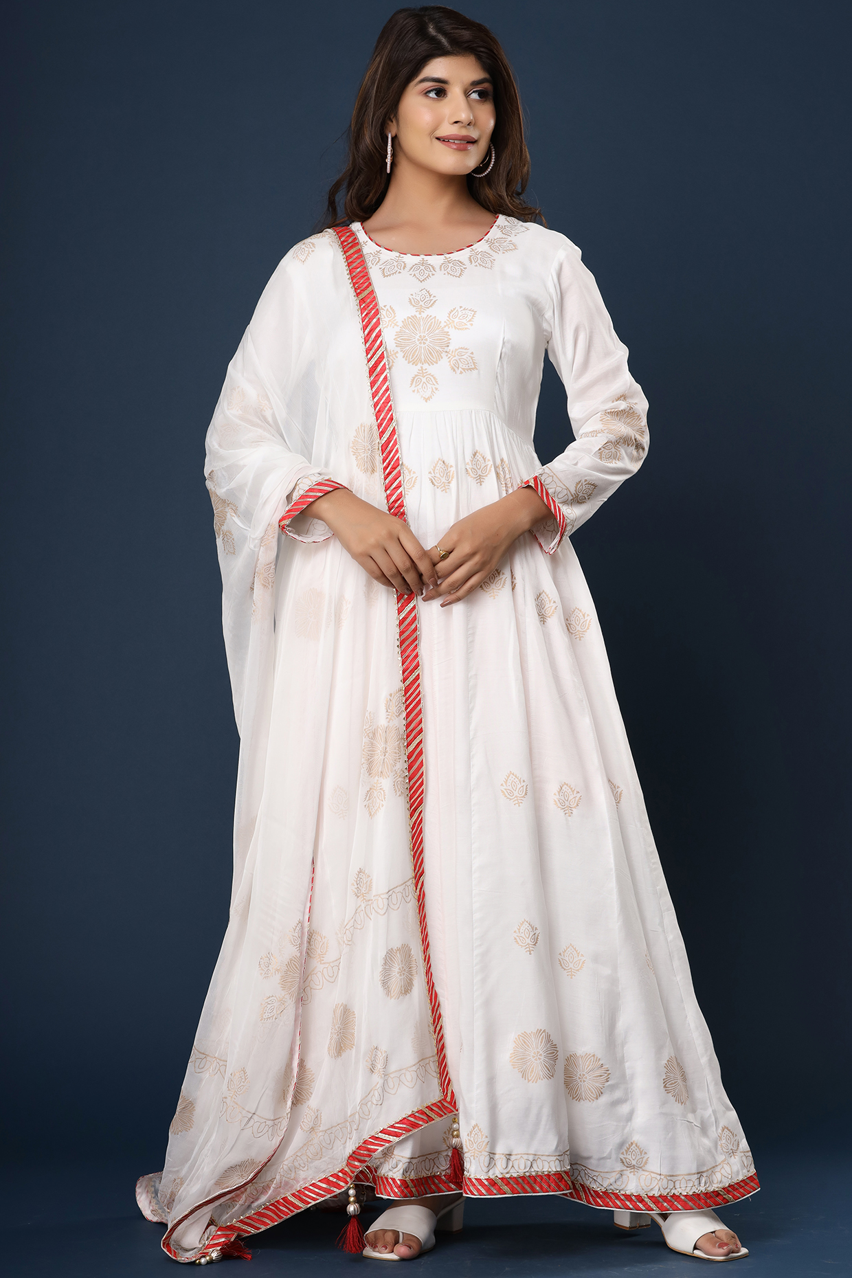 White Hand Block Printed Anarkali Set by Aarnya by Richa at Pernia's Pop Up Shop
