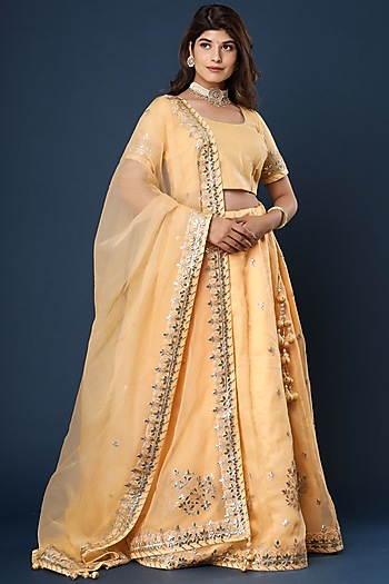 Pale Yellow Gota Embroidered Wedding Lehenga Set by Aarnya by Richa at Pernia's Pop Up Shop