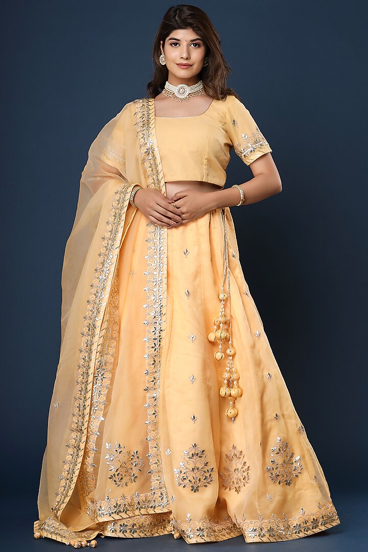 Pale Yellow Gota Embroidered Wedding Lehenga Set by Aarnya by Richa at Pernia's Pop Up Shop