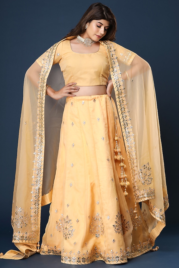 Pale Yellow Gota Embroidered Wedding Lehenga Set by Aarnya by Richa at Pernia's Pop Up Shop