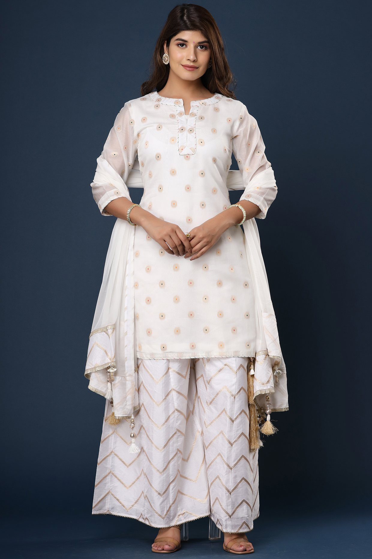 White & Gold Chanderi Kurta Set by Aarnya by Richa at Pernia's Pop Up Shop