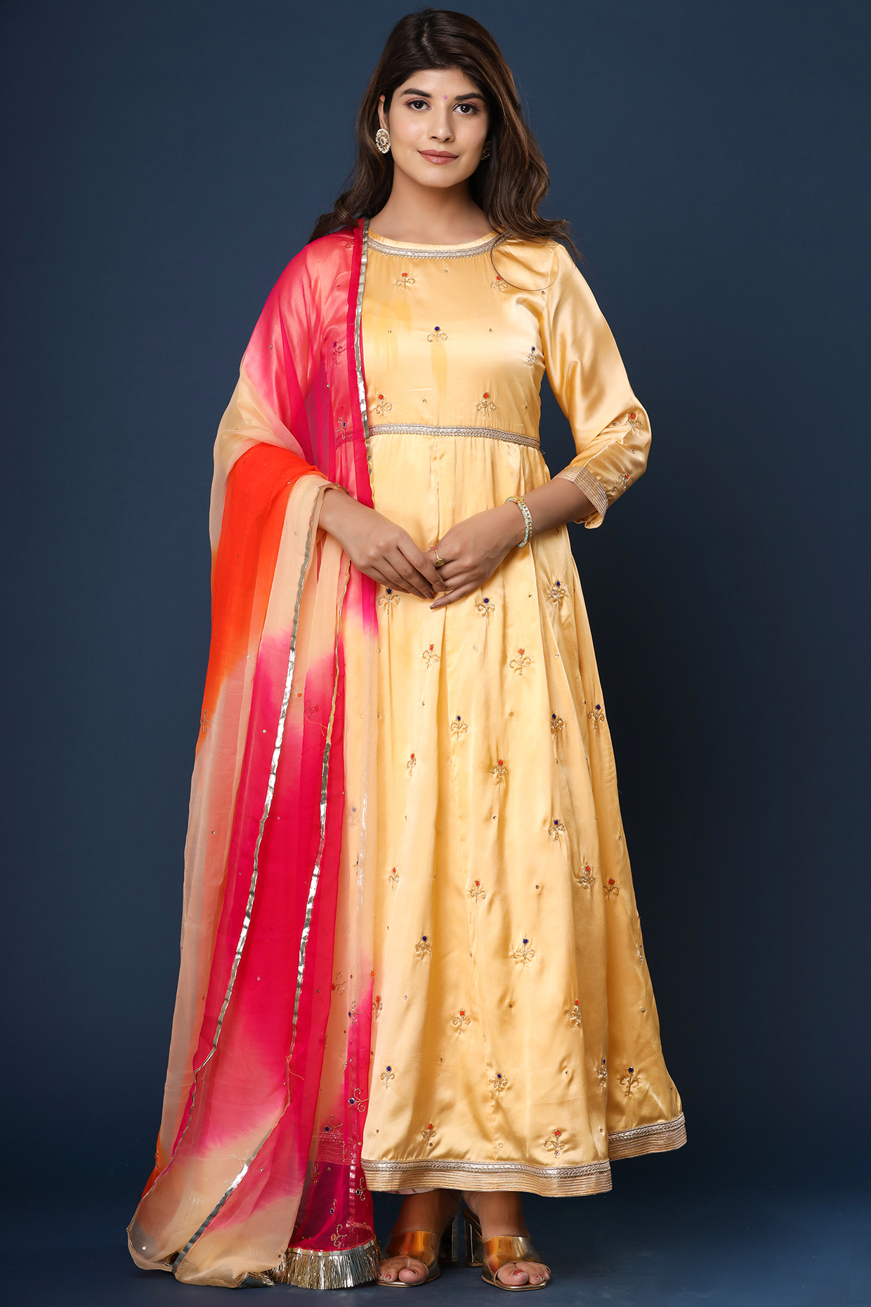 Golden Yellow Satin Anarkali Set by Aarnya by Richa at Pernia's Pop Up Shop