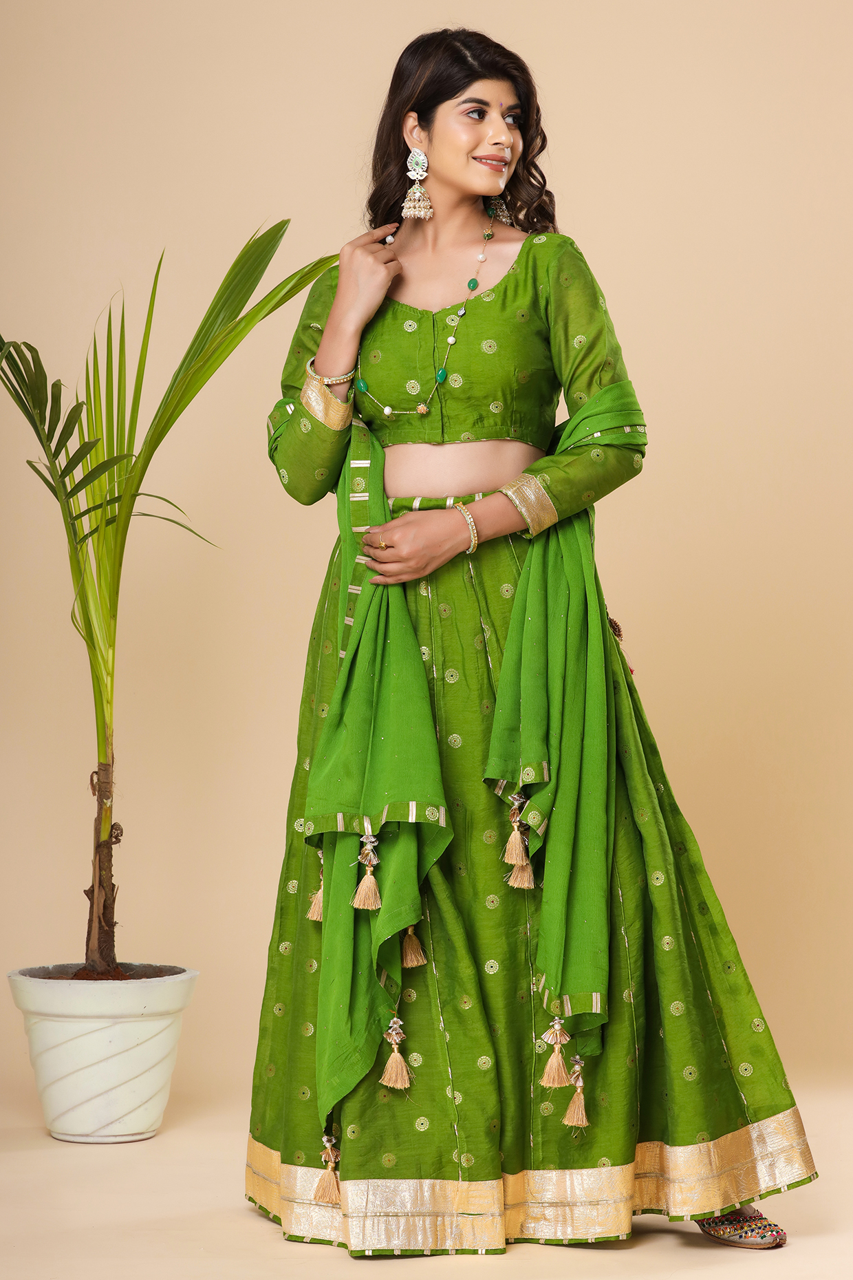 Mehendi Green Chanderi Lehenga Set by Aarnya by Richa at Pernia's Pop Up Shop