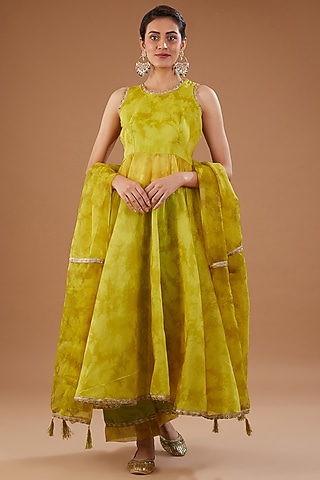 Lime Green Chanderi Shibori Printed Anarkali Set by Aarnya by Richa