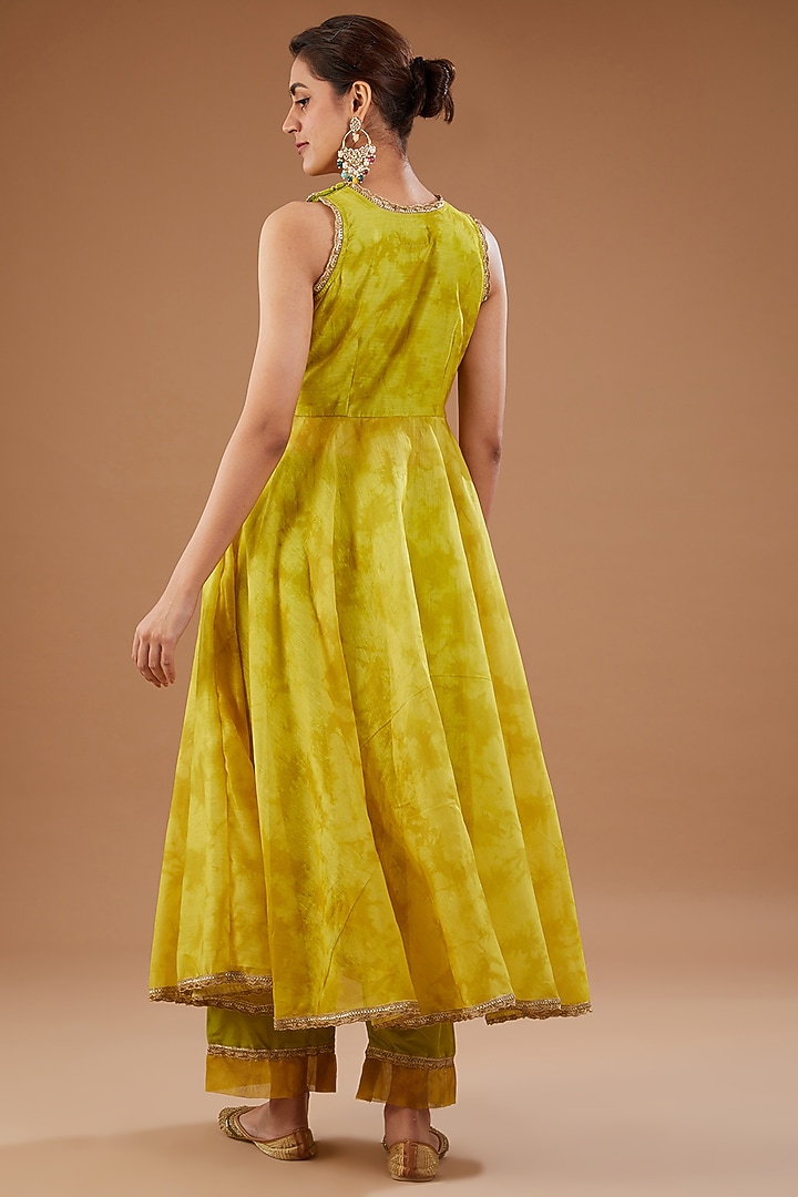 Lime Green Chanderi Shibori Printed Anarkali Set by Aarnya by Richa at Pernia's Pop Up Shop