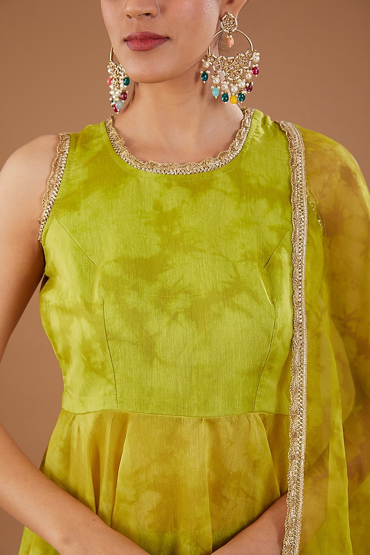 Lime Green Chanderi Shibori Printed Anarkali Set by Aarnya by Richa at Pernia's Pop Up Shop