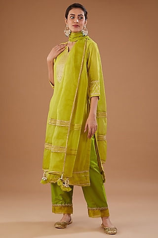 Lime Green Muslin Gota Embroidered Kurta Set by Aarnya by Richa