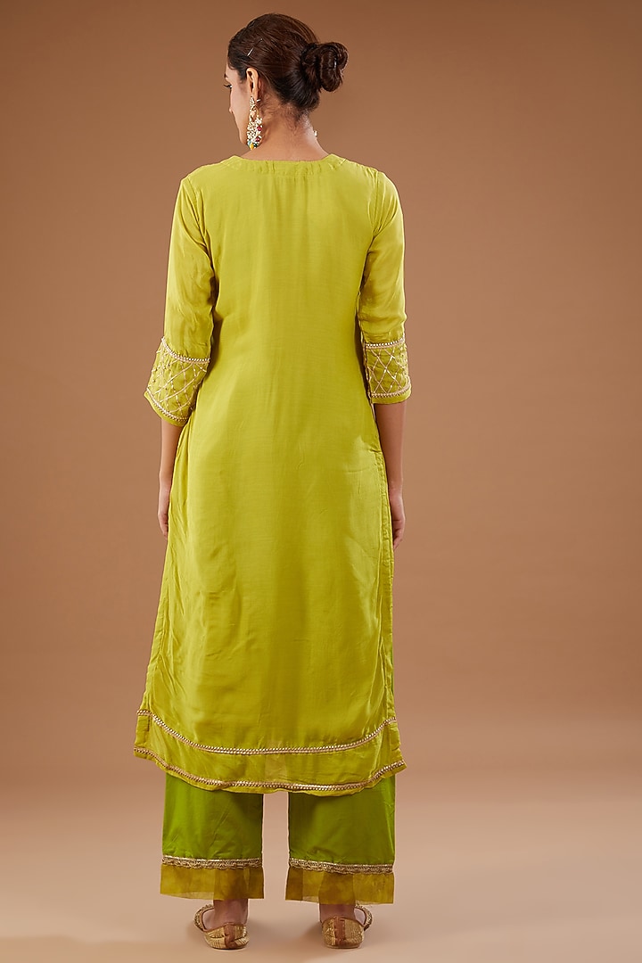 Lime Green Muslin Gota Embroidered Kurta Set by Aarnya by Richa at Pernia's Pop Up Shop