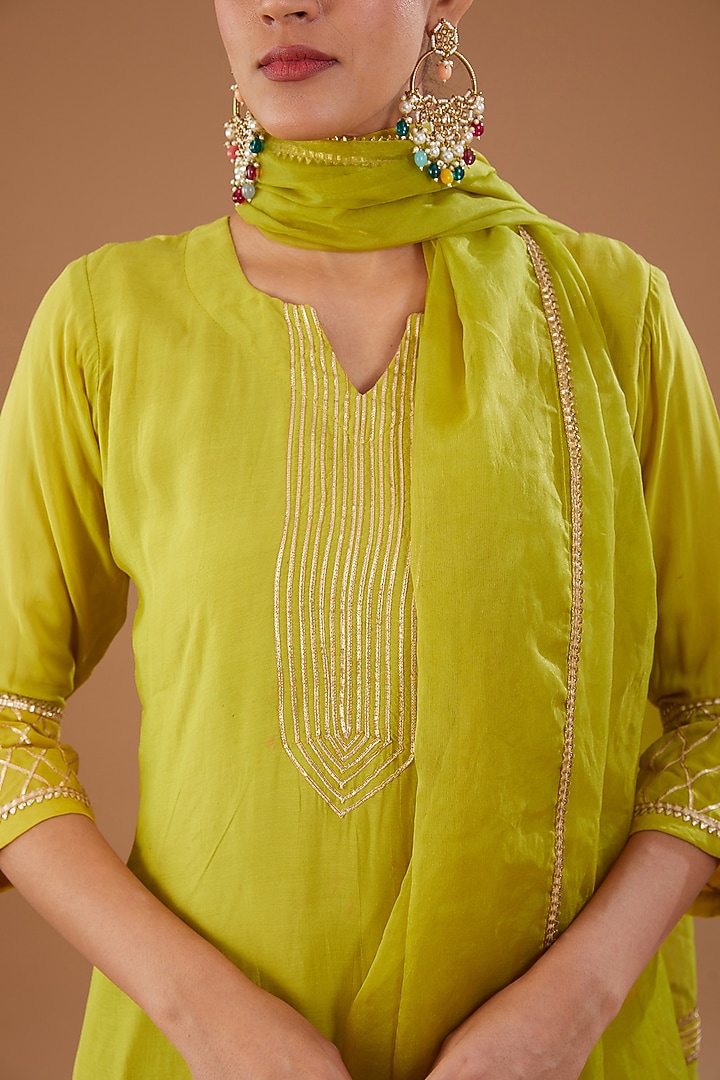 Lime Green Muslin Gota Embroidered Kurta Set by Aarnya by Richa at Pernia's Pop Up Shop