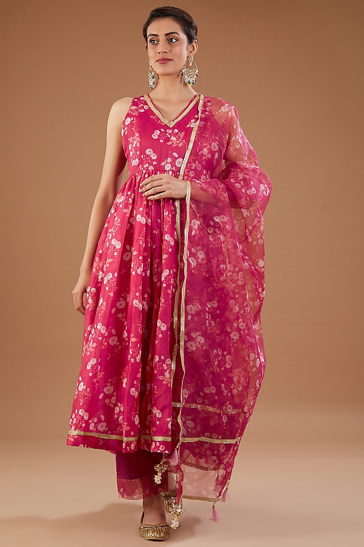 Magenta Pink Chanderi Floral Printed Anarkali Set by Aarnya by Richa