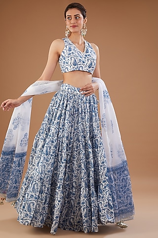 Blue & Ivory Chanderi Paisley Printed Lehenga Set by Aarnya by Richa