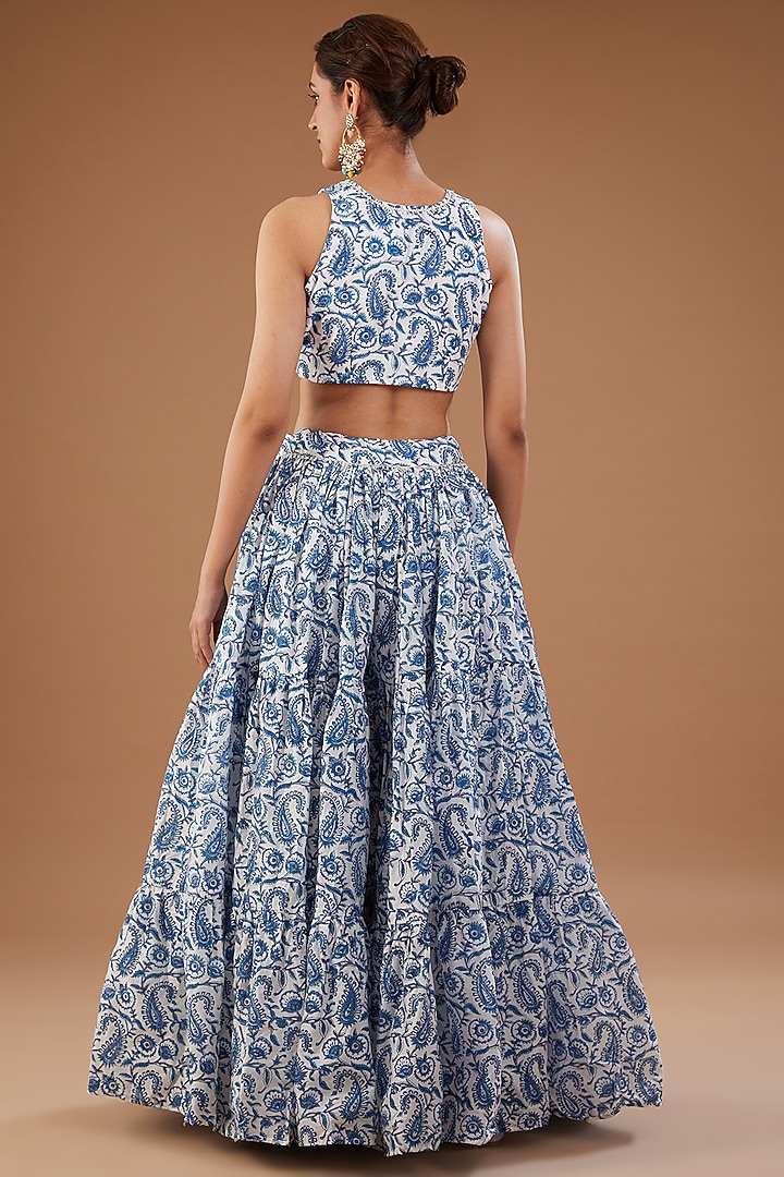 Blue & Ivory Chanderi Paisley Printed Lehenga Set by Aarnya by Richa at Pernia's Pop Up Shop