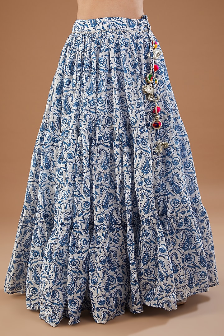 Blue & Ivory Chanderi Paisley Printed Lehenga Set by Aarnya by Richa at Pernia's Pop Up Shop