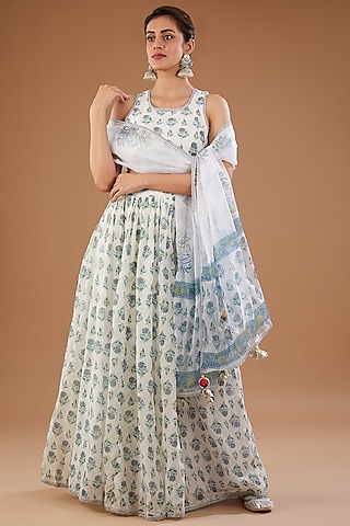 Ivory Chanderi Floral Hand Block Printed Lehenga Set by Aarnya by Richa