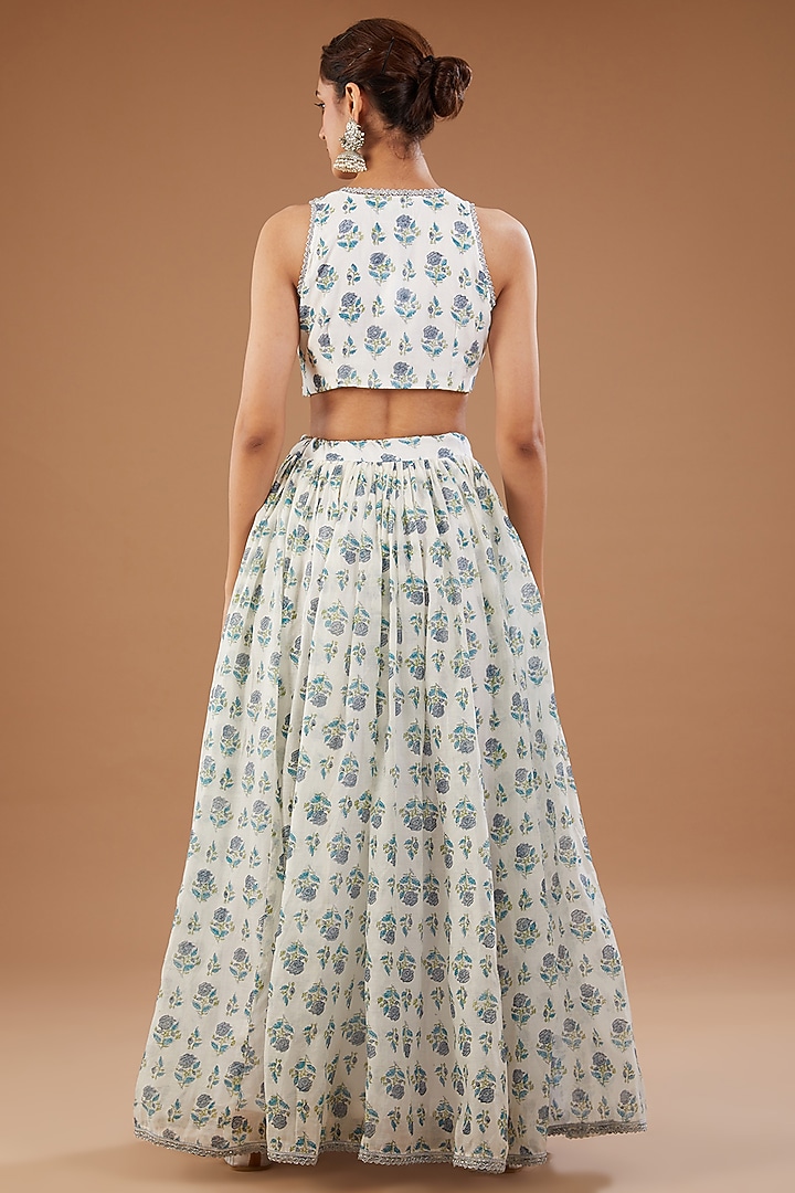 Ivory Chanderi Floral Hand Block Printed Lehenga Set by Aarnya by Richa at Pernia's Pop Up Shop