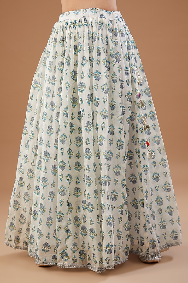 Ivory Chanderi Floral Hand Block Printed Lehenga Set by Aarnya by Richa at Pernia's Pop Up Shop