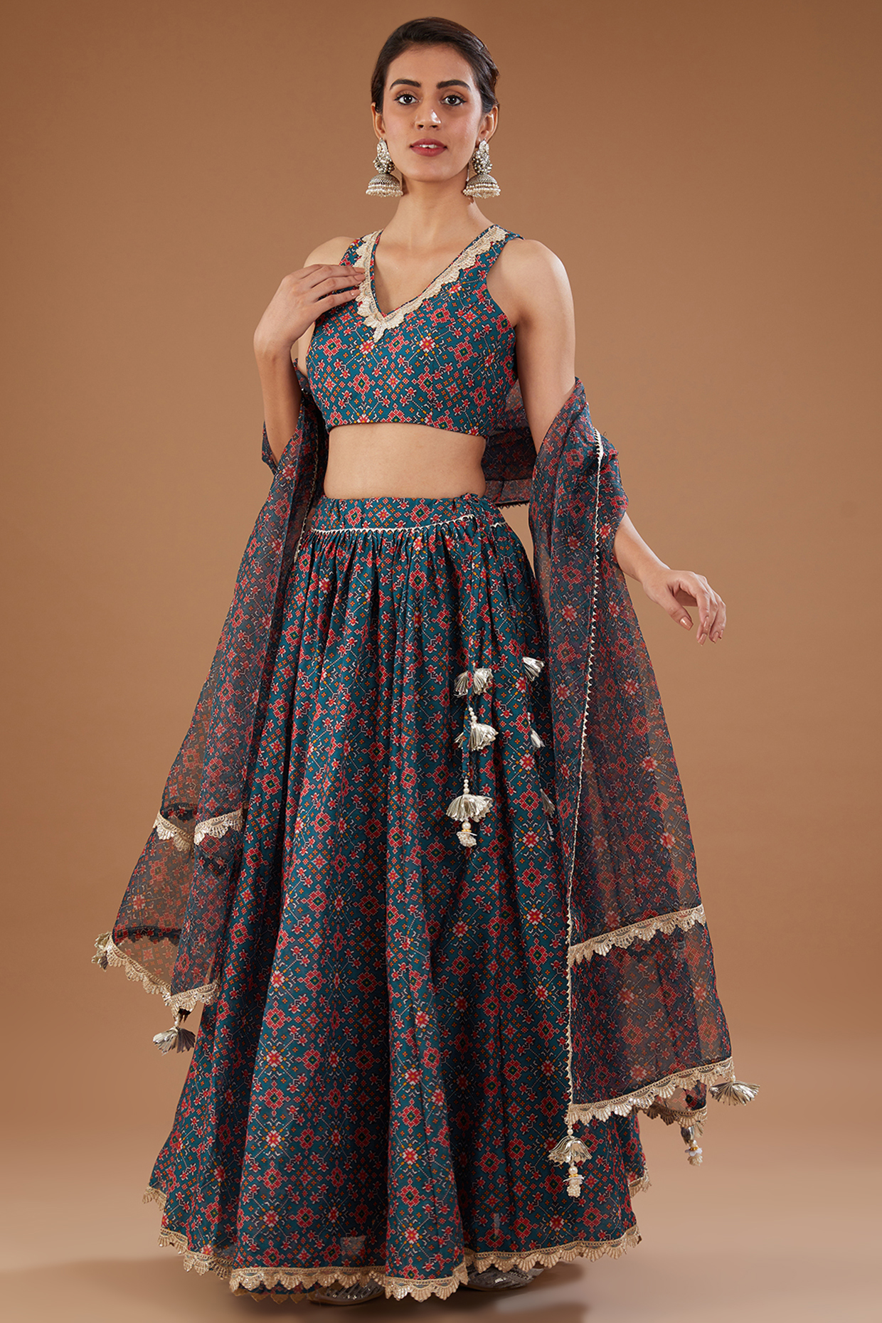 Cobalt Blue Chanderi Ikat Printed Lehenga Set by Aarnya by Richa at Pernia's Pop Up Shop