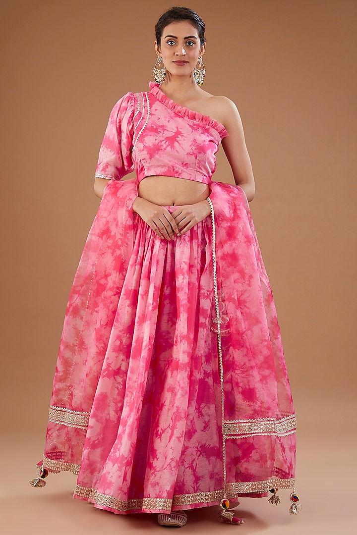 Hot Pink Chanderi Shibori Printed Lehenga Set by Aarnya by Richa