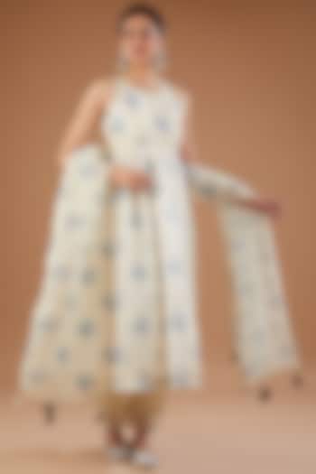 Off-White Chanderi Printed & Embroidered Anarkali Set by Aarnya by Richa