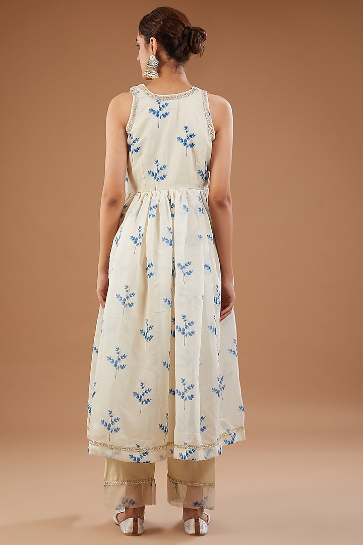 Off-White Chanderi Printed & Embroidered Anarkali Set by Aarnya by Richa at Pernia's Pop Up Shop