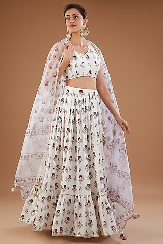 White Muslin Hand Block Printed Lehenga Set by Aarnya by Richa