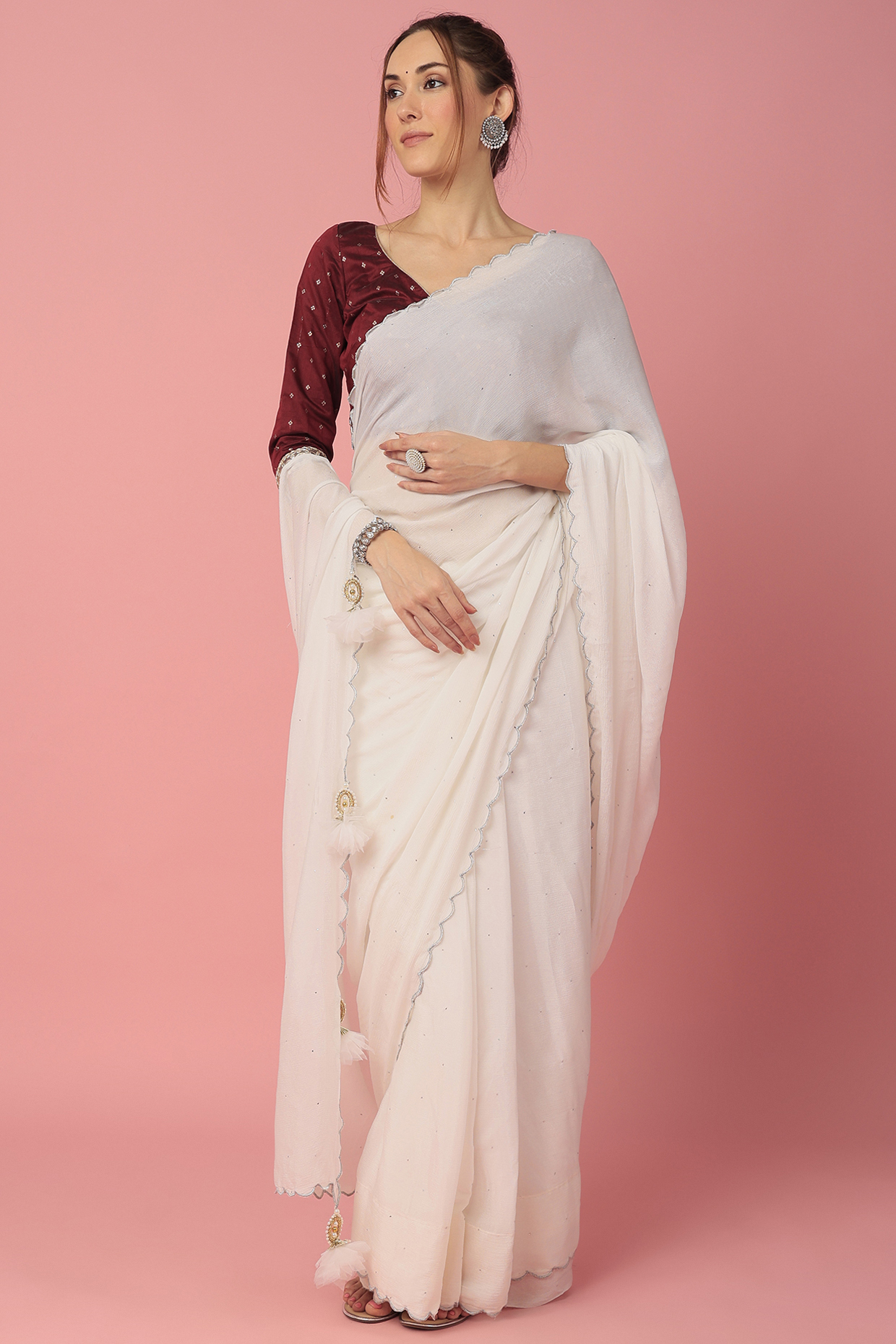 Ivory Chiffon Scalloped Festive Saree Set by Aarnya by Richa at Pernia's Pop Up Shop