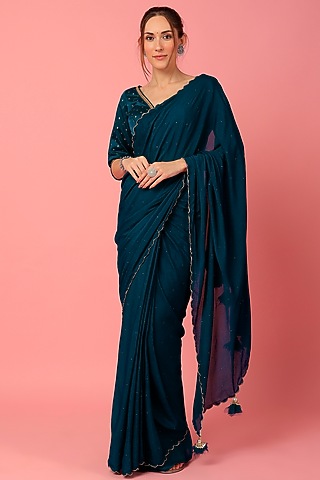 Midnight Blue Chiffon Scalloped Saree Set by Aarnya by Richa