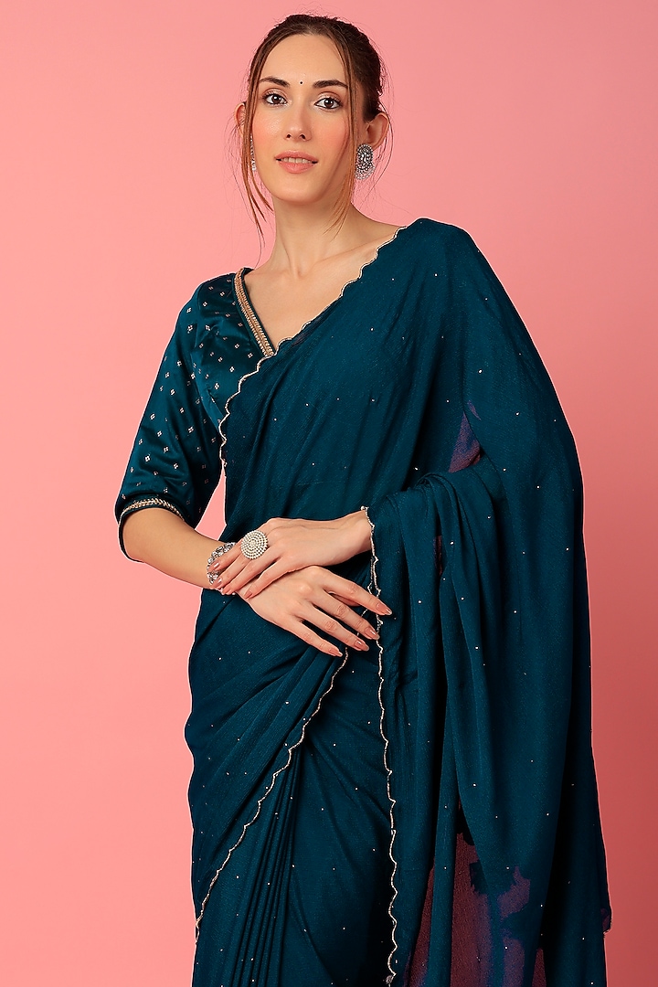 Midnight Blue Chiffon Scalloped Festive Saree Set by Aarnya by Richa at Pernia's Pop Up Shop