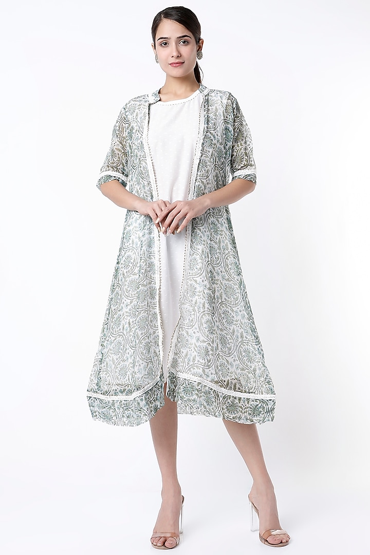 White Cotton Dress With Block Printed Shrug by Aarnya by Richa