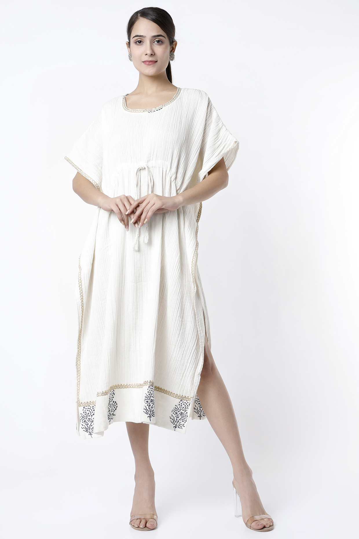 White Hand Block Printed Kaftan by Aarnya by Richa at Pernia's Pop Up Shop