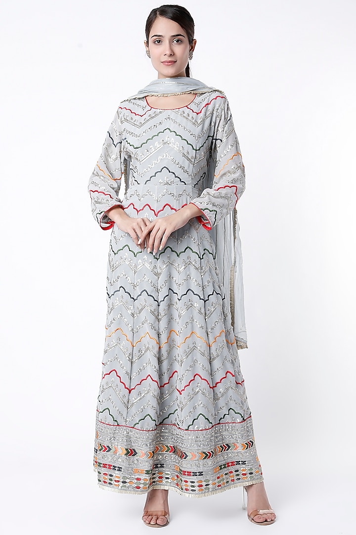 Grey Sequins Embroidered Anarkali Set by Aarnya by Richa