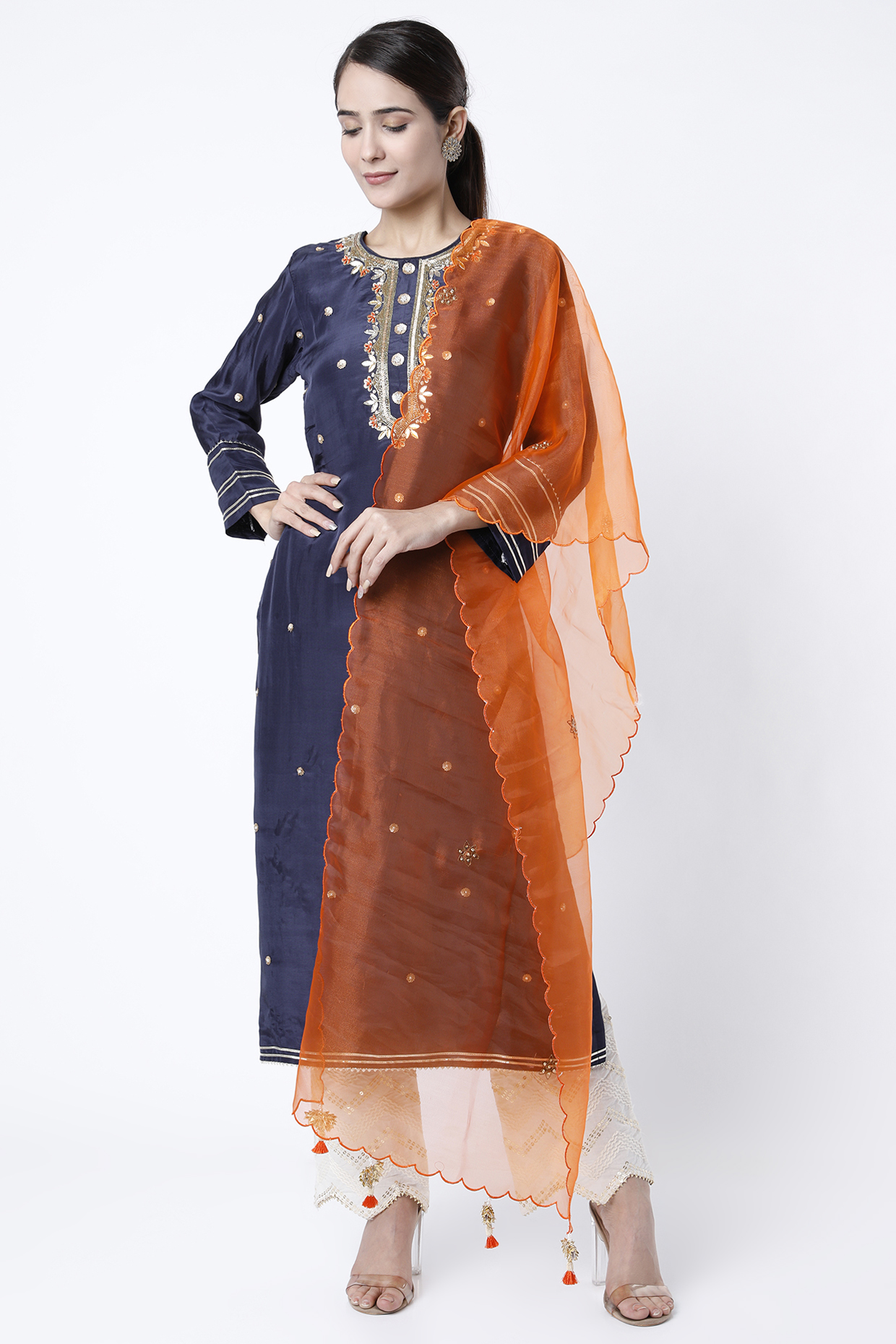 Navy Blue Aari Hand Embroidered Kurta Set by Aarnya by Richa at Pernia's Pop Up Shop