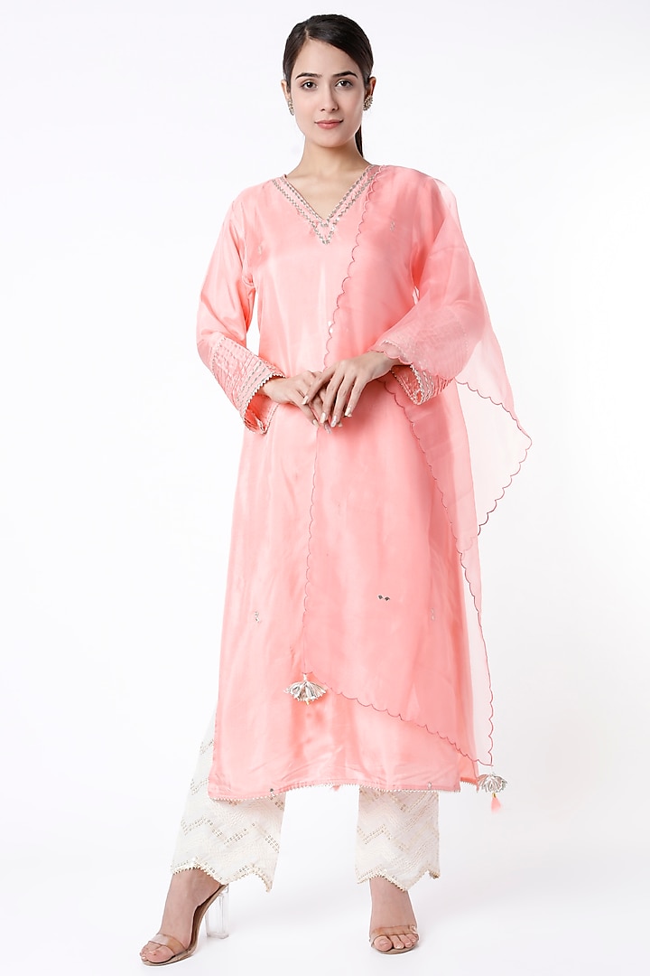 Peach Gota Hand Embroidered Kurta Set by Aarnya by Richa at Pernia's Pop Up Shop