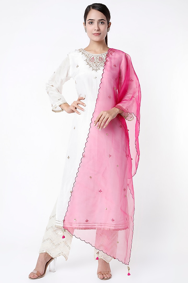 White Aari Hand Embroidered Kurta Set by Aarnya by Richa at Pernia's Pop Up Shop