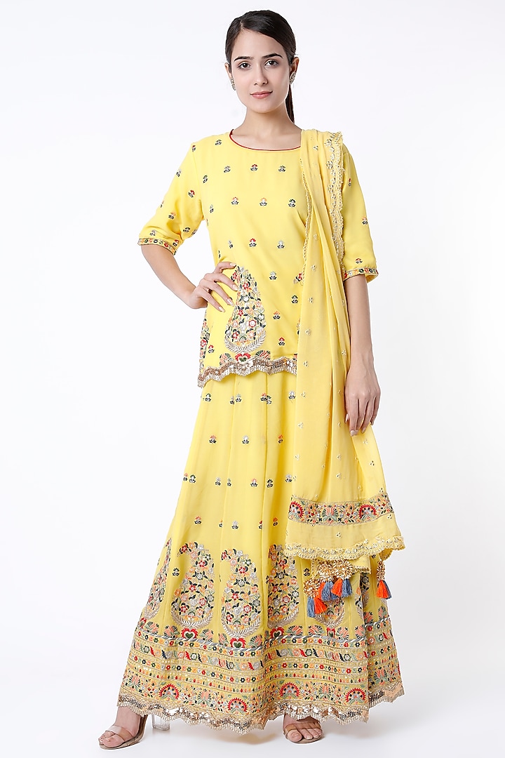 Butter Yellow Sequins Embroidered Skirt Set by Aarnya by Richa