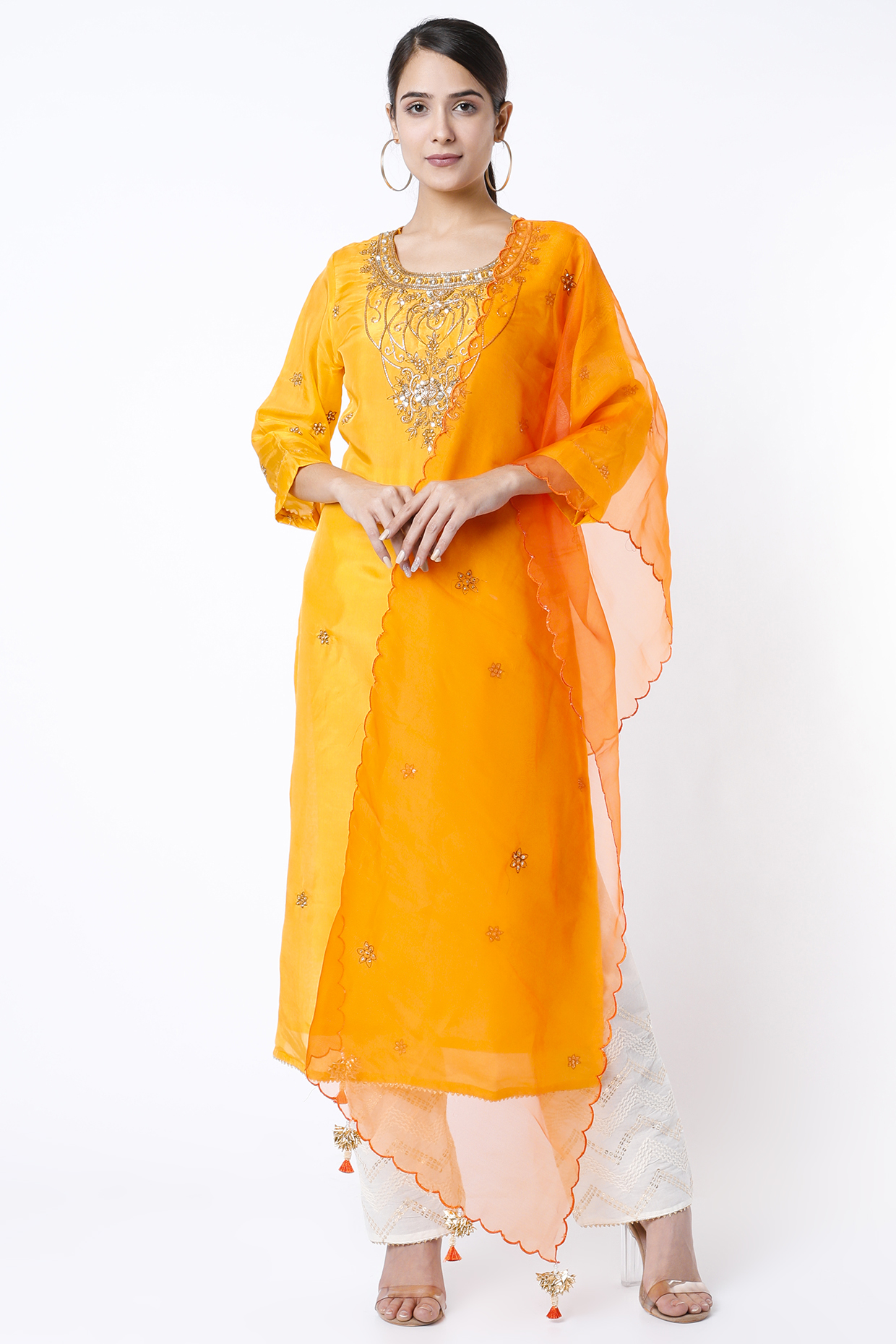 Bright Yellow Sequins Hand Embroidered Kurta Set by Aarnya by Richa at Pernia's Pop Up Shop