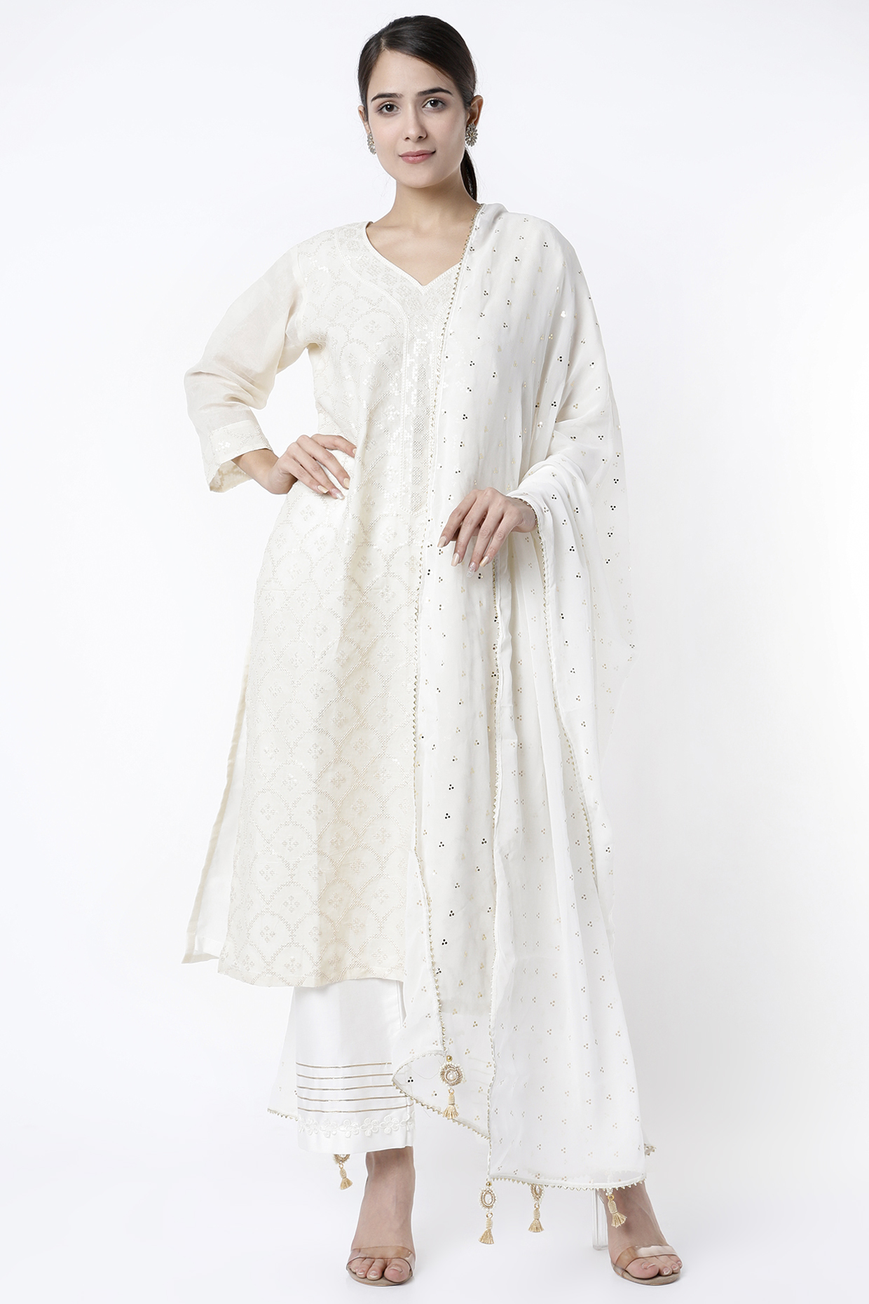 White Sequins Embroidered Kaftan Set by Aarnya by Richa at Pernia's Pop Up Shop