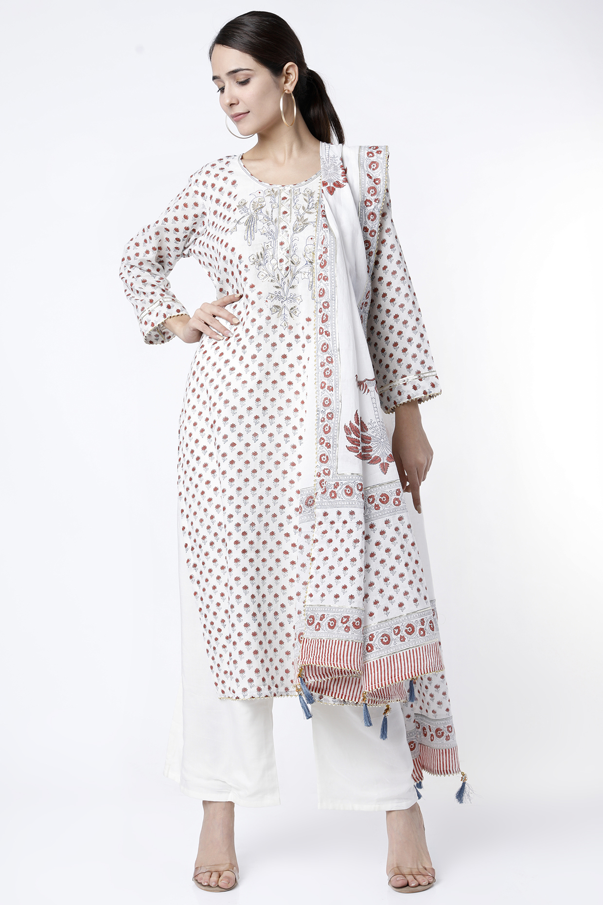 White Hand Block Printed Kurta Set by Aarnya by Richa at Pernia's Pop Up Shop