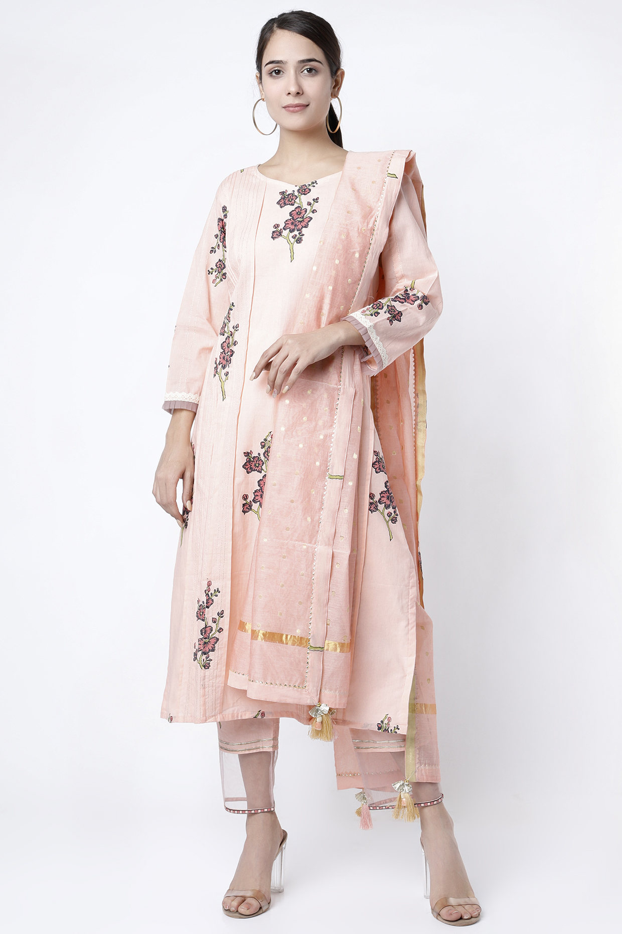 Peach Floral Printed Kurta Set by Aarnya by Richa at Pernia's Pop Up Shop