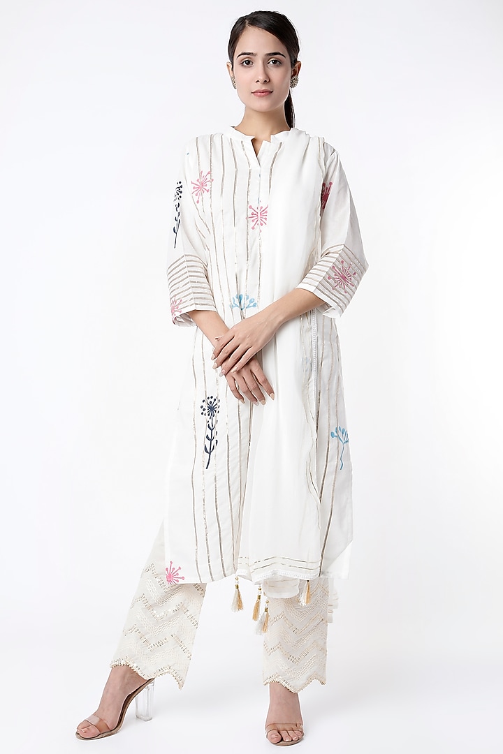 White Floral Block Printed Kurta Set by Aarnya by Richa