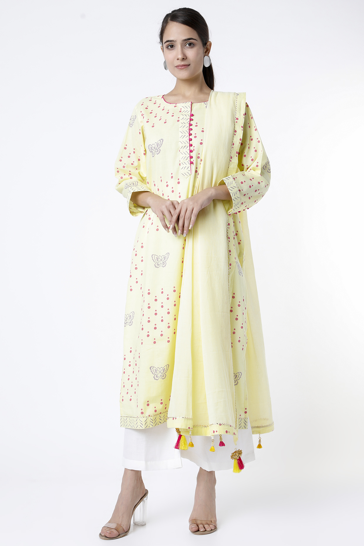 Very Pale Yellow Animal Block Printed Kurta Set by Aarnya by Richa at Pernia's Pop Up Shop
