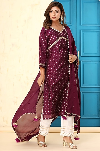 Wine Chanderi Gota Kurta Set by Aarnya by Richa