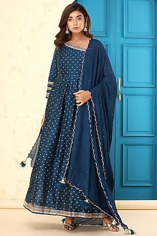 Midnight Blue Chanderi One Shoulder Dress With Dupatta by Aarnya by Richa