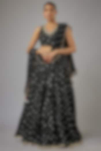 Black Muslin Hand-Tied Bandhej Printed Lehenga Set by Aarnya by Richa at Pernia's Pop Up Shop